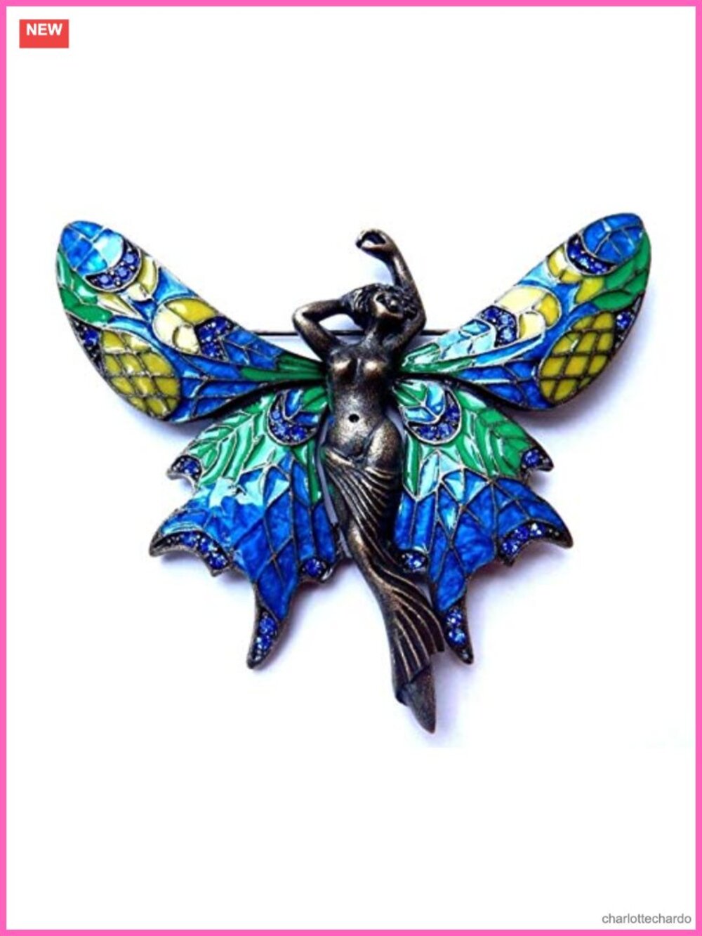 Large Bronze Fairy Brooch with Enamel & Faux Rhinestone Wings